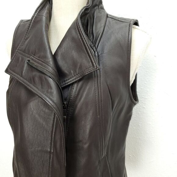 Vintage LIZ CLAIBORNE Lambskin Leather Chocolate Brown Moto  Zip Vest - Picture 2 of 11